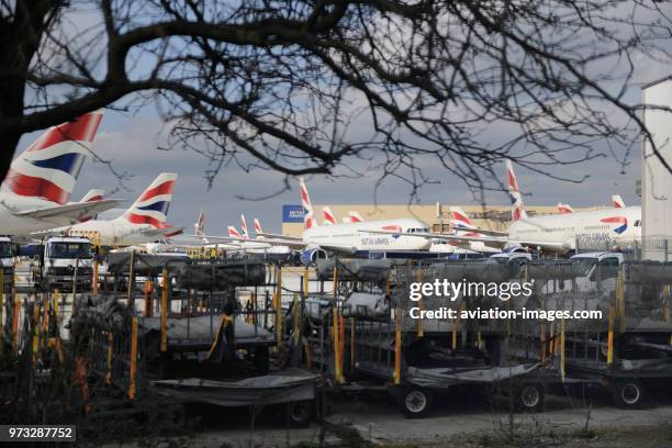 Trolleys and jacks with British Airways Boeing 767-300ER and Airbus A320s parked behind during the strike by British Airways cabin-attendants of the...