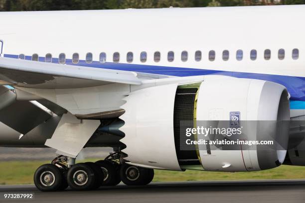 Air-brakes on Rolls-Royce Trent 1000 engine on ANA All Nippon Airways Boeing 787-8 Dreamliner landing.