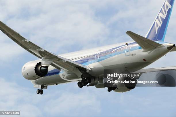 All Nippon Airways Boeing 787-8 Dreamliner climbing out after take-off.