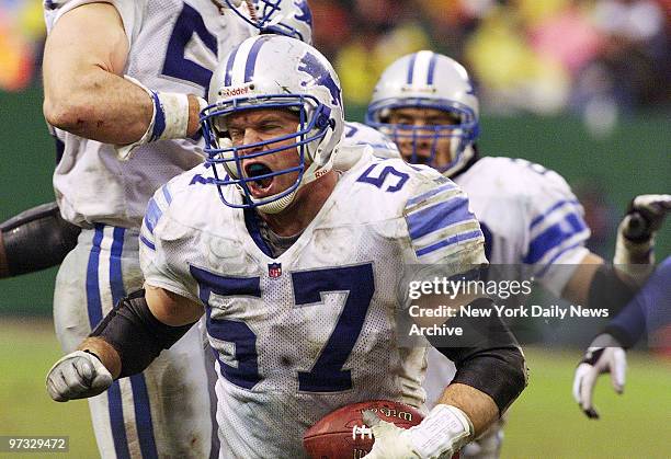 Detroit Lions' Stephen Boyd gives voice to his feelings after intercepting a Testaverde pass late in fourth quarter against the New York Jets at...