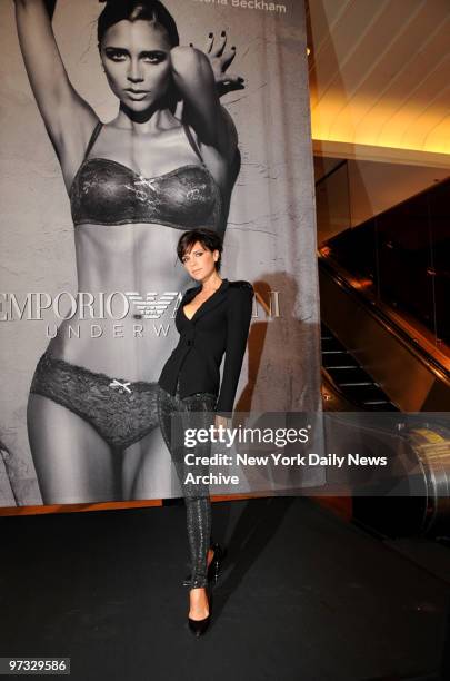 Victoria Beckham at Macy's Herald Square where she unveiled a 20 foot tall image of herself launching the new ad campaign for Emporio Armani women's...