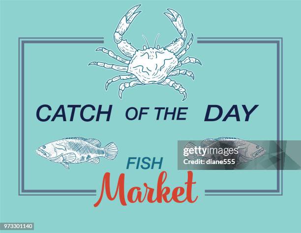 fresh seafood signs with text - grouper stock illustrations