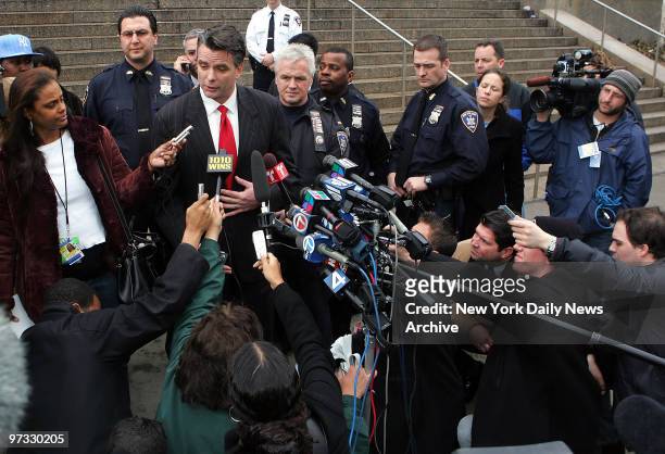 Kevin O'Donnell, attorney for Darryl Littlejohn, speaks to the media outside Queens Supreme Court after his client made an appearance before a judge....