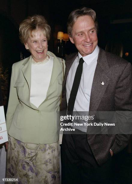 Diana Douglas Darrid and her son Michael Douglas attending book party for Darrid's "In The Wings: A Memoir" at Sardi's.