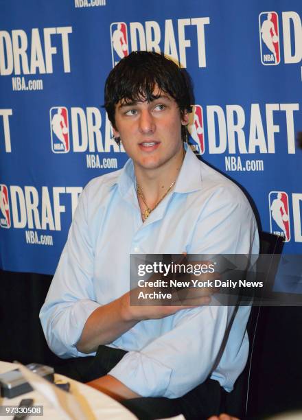 Number one NBA draft prospect Andrew Bogut, a 7-foot-tall center from Australia, speaks to the media during a pre-draft news conference at the Westin...