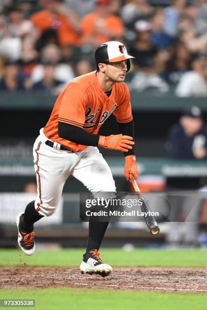 Joey Rickard of the Baltimore Orioles runs to first base during a baseball game against the New York Yankees at Oriole Park at Camden Yards on June...