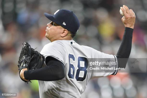 Dellin Betances of the New York Yankees pitches during a baseball game against the Baltimore Orioles at Oriole Park at Camden Yards on June 2, 2018...