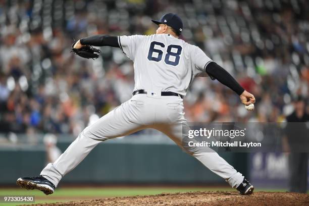 Dellin Betances of the New York Yankees pitches during a baseball game against the Baltimore Orioles at Oriole Park at Camden Yards on June 2, 2018...