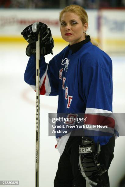 Kim Alexis takes the ice in New York Rangers' uniform at Madison Square Garden where she joined Rangers' players to take part in Super Skate 5, a...