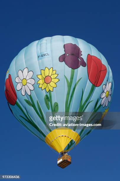 A Cameron Z-180 hot-air balloon flying with flowers.