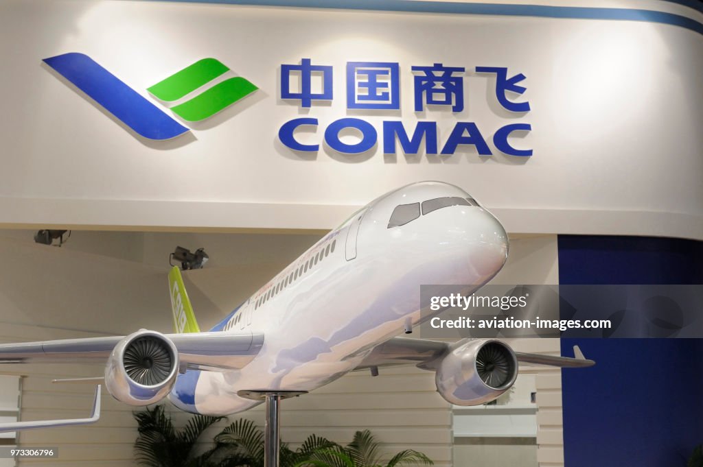 Model of COMAC C919 on the exhibition-stand in the hall at the Singapore-Airshow 2010