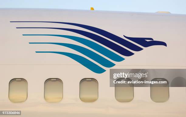 Windows of Garuda Indonesia Boeing 737-800 parked in the static-display at the Singapore-Airshow 2010.