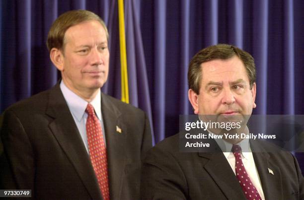 With Gov. Pataki looking on, James Kallstrom speaks at a news conference after he was named by Pataki to head the new state Office of Public...