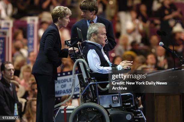 Detective Steven McDonald, who was paralyzed by a bullet 17 years ago, addresses the Republican National Convention at Madison Square Garden as his...