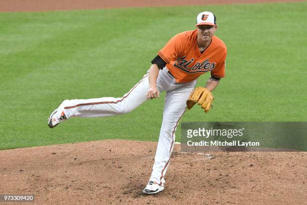 Kevin Gausman of the Baltimore Orioles pitches during a baseball game against the New York Yankees at Oriole Park at Camden Yards on June 2, 2018 in...