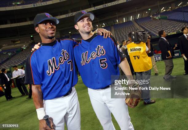 New York Mets' Jose Reyes and David Wright take the field at the Tokyo Dome for a team workout before the start of the five-game 2006 All-Star Series...