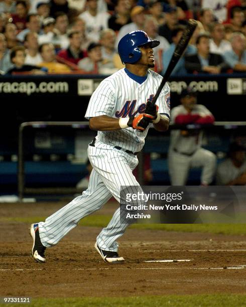 New York Mets' Jose Reyes hits a lead-off homer in the first inning of Game 6 of the National League Championship Series against the St. Louis...