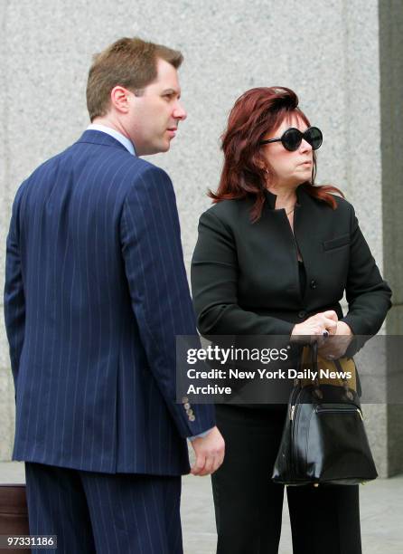 Victoria Gotti stands outside Manhattan Federal Court with attorney Jeffrey Lichtman after learning that her son, John A. Gotti, would be released on...