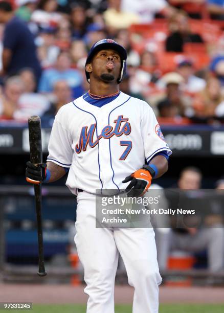 New York Mets' Jose Reyes reacts fouling out to first to end the sixth inning of a game against the Florida Marlins at Shea Stadium. The Mets went on...