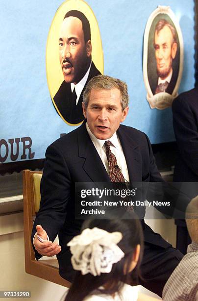 Texas Governor George W. Bush at the Bancroft Academy in Wilmington, Delaware, where he talked with 5th graders and met with parents during a...