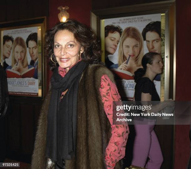Diane Von Furstenberg arrives for the New York premiere of the movie "Bridget Jones's Diary" at the Ziegfeld Theater.