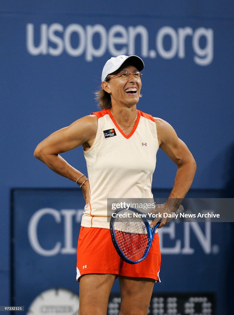 Tennis legend Martina Navratilova laughs as she and fellow A