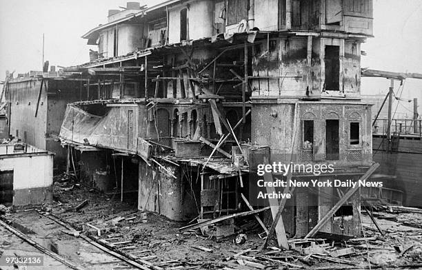 View of the poor condition of the decks of the Washington Irving, docked at Todd's shipyard in Brooklyn, as result of efforts to place coffer dam...