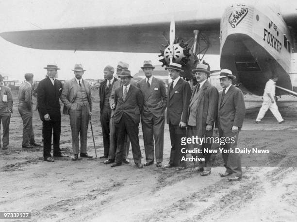 Officials of the Giant Plane , Eddie Rickenbacher, Sir Hubert Wilkins, Pilot Harry Johnson, Chief Engineer, , Anthony Fokker, Jones, C. W. Y. Currie...