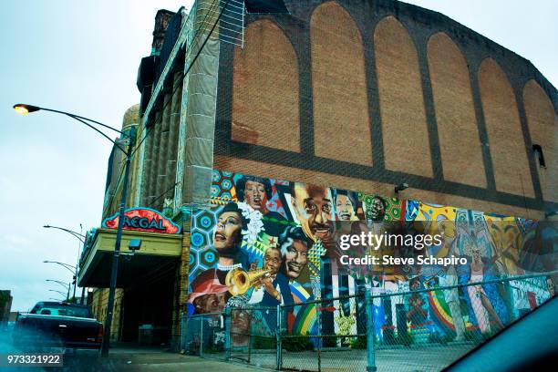 Exterior view of the New Regal Theater , Chicago, Illinois, June 10, 2018. The mural on its side, entitled 'Bright Moments, Memories of the Future'...