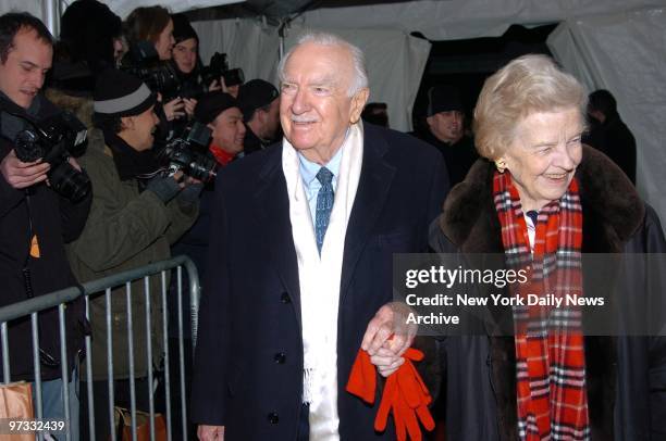 Walter Cronkite and wife Betsy arrive at the Ziegfeld Theater for a special screening to celebrate the 25th anniversary of "Raging Bull," the 1980...