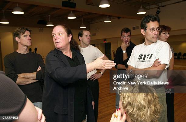 Director Anne Bogart rehearses cast members for the upcoming production of the SITI company's experimental drama "The War of the Worlds," based on...