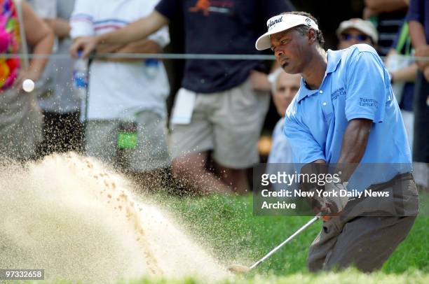 Vijay Singh hits out of the sand on the second hole during second round play at the 87th PGA Championship at Baltusrol Golf Club in Springfield, N.J.