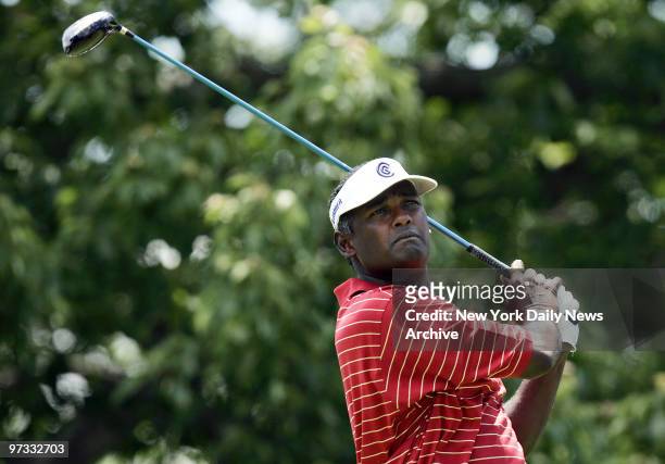 Vijay Singh watches his shot from the second tee during a U.S. Open practice round at Winged Foot Golf Club in Mamaroneck, N.Y.