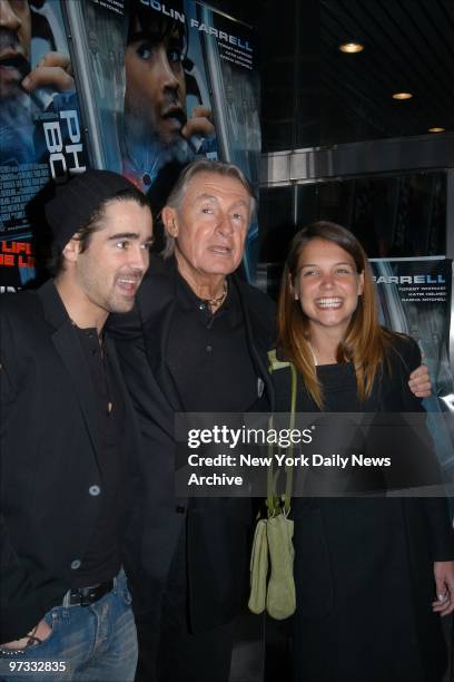 Director Joel Schumacher is flanked by stars Colin Farrell and Katie Holmes at a special screening of the movie "Phone Booth" at the Clearview...