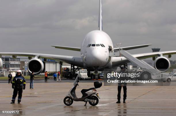 Police in the front of the Airbus A380-841 parked at the Paris AirShow 2007 Salon-du-Bourget.