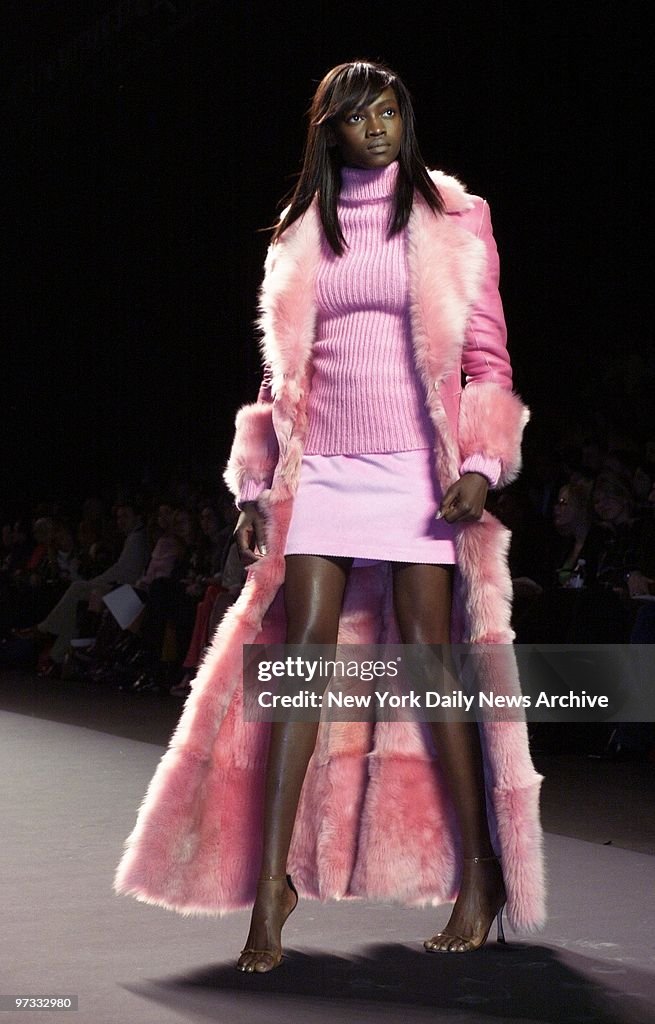 Oluchi models pink shearling separates from Luca Luca's fall