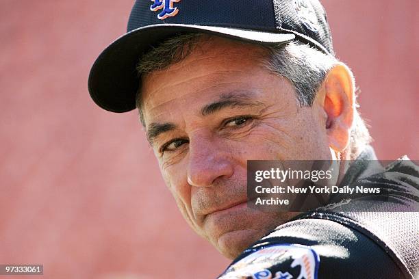 New York Mets' manager Bobby Valentine watches his team during practice on their day off before Game 3 of the World Series against the New York...