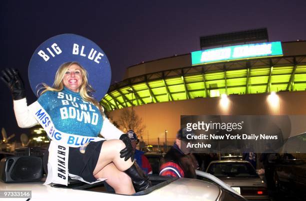 Miss Big Blue Sondra Fortunato is ready to take a ride to the Super Bowl at Giants Stadium parking lot after the NFC Championship Game between the...