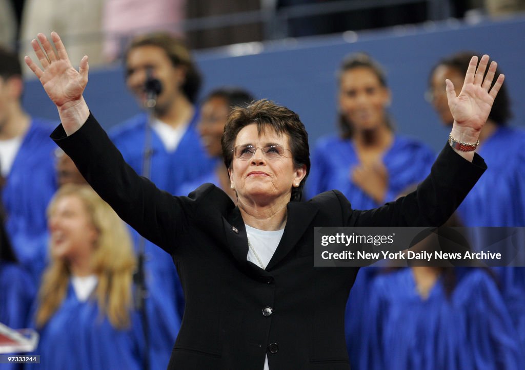 Tennis legend Billie Jean King acknowledges the crowd during