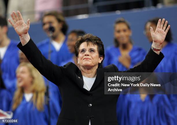 Tennis legend Billie Jean King acknowledges the crowd during a ceremony officially renaming the U.S.T.A. National Tennis Center the U.S.T.A. Billie...