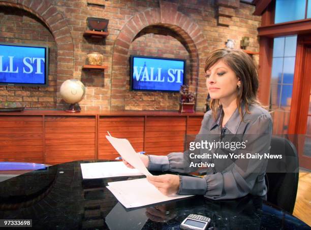 On the TV set with Maria Bartiromo as she tapes a "Wall Street Journal" Show at the CNBC Studios, Englewood Cliffs, New Jersey.,