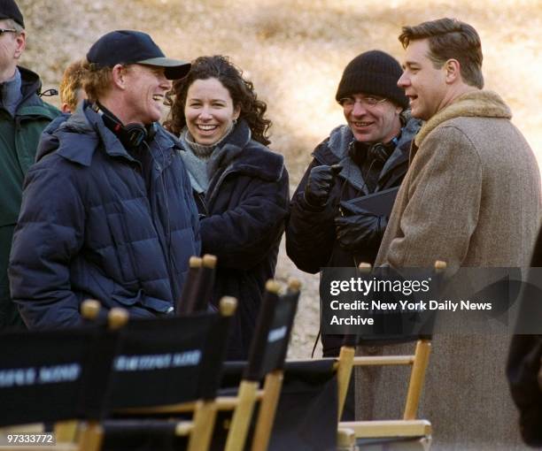 Director Ron Howard and star Russell Crowe take a break during the filming of "A Beautiful Mind," while on location at Princeton University.