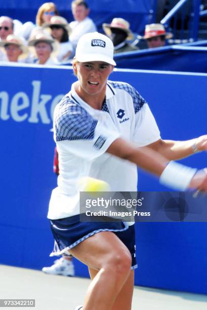 Brenda Schultz McCarthy plays tennis at the US Open circa 1996 in New York City.