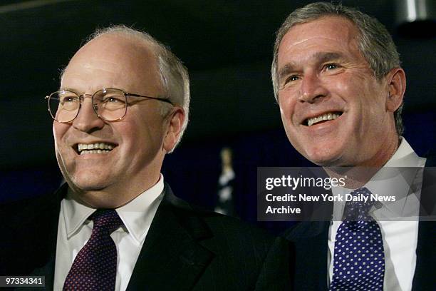 Texas Gov. George W. Bush and Dick Cheney, his choice for vice-presidential running mate, are all smiles at a rally at the University of Texas in...
