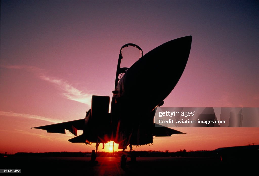 USAF Boeing F-15E Strike Eagle parked at sunset