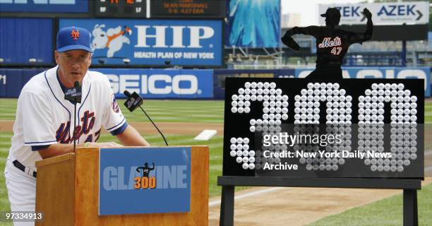 New York Mets' pitcher Tom Glavine speaks during a ceremony honoring his 300th career victory before the start of a game against the Florida Marlins...