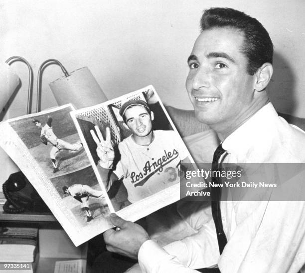 Dodgers' pitcher Sandy Koufax in his hotel room at the Roosevelt Hotel after throwing his third no-hitter.