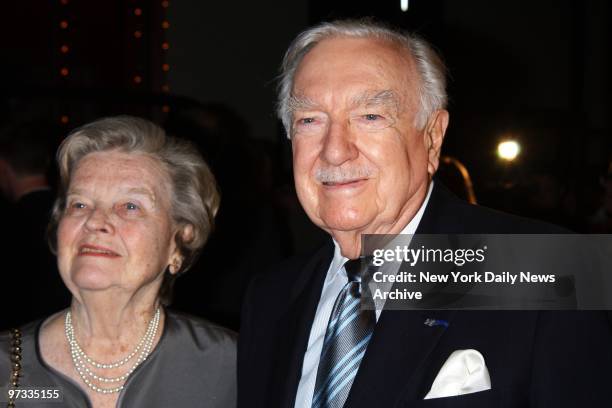 Walter Cronkite and wife Betsy are on hand at an opening night party for the Broadway musical "Thoroughly Modern Millie" at the New York Marriott...