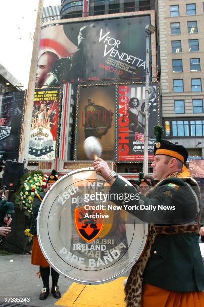The 28th Infantry Battalion Bagpipe Band from Ireland performs during a wreath-laying ceremony at the Father Duffy Memorial in Times Square to honor...