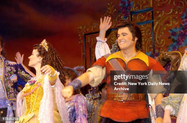 Donny Osmond takes a curtain bow following his opening night performance as Gaston in the Broadway musical "Beauty and the Beast" at the...